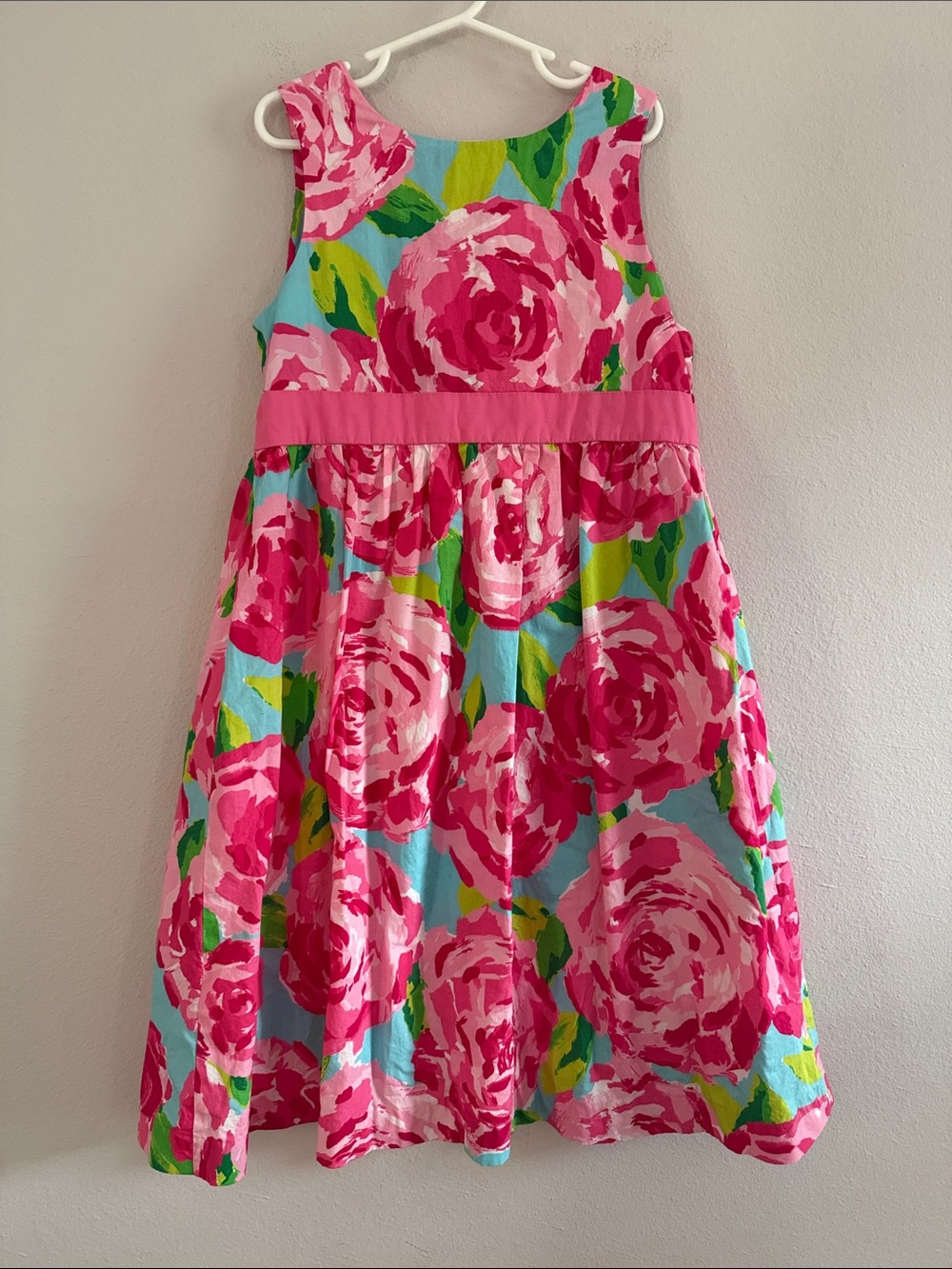 Lilly Pulitzer Girls "Lavia" Pink Aqua Rose Dress Scoop Back Size 8 - [1156]